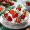 Fresh strawberries with whipped cream on white plates with gold border. Exquisite dessert. Healthy lifestyle concept