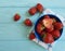 Fresh strawberry sweet dish delicious dessert health towel on a blue wooden background