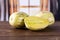Fresh striped pepino melon with curtains