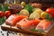 fresh and succulent salmon fillet placed on wooden board, surrounded by array of alluring seasonings