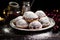 fresh sufganiyot dusted with powdered sugar on a festive platter