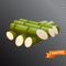 Fresh sugar cane cut with green chunks, sliced and stacked on top of each other. Vector illustration in a 3D mesh realistic style