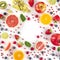 Fresh summer fruit design, a square flatlay on a white background with a place for text, vibrant food pattern