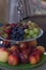 Fresh summer fruits. Organic and natural fruit on tray. Fresh grapes, cheaches, plums and strawberry. Healthy eating.