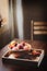 Fresh summer fruits on wooden plate. Strawberries, peaches and apricots