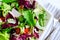 Fresh summer green salad mix on a wooden table