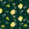 Fresh summer lemons, citrus seamless pattern background with pink flowers, dark green and yellow colors