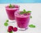 Fresh summer raspberry smoothies with mint leaves