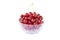 Fresh sweet red cherries in a glass bowl, ripe and juicy cherry fruit, healthy food, close-up, isolated on a white