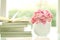 Fresh sweet and romantic pink carnation flower with books backg