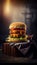 Fresh tall beef homemade burger, wooden board, American fast food. Generative AI