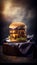 Fresh tall beef homemade burger, wooden board, American fast food. Generative AI