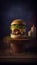 Fresh tall beef homemade burger, wooden board, American fast food. Generative AI