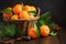 Fresh tangerine clementines with spices on dark wooden background, Christmas concept.