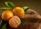 Fresh tangerines with leaves on wooden background.