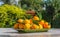 Fresh tangerines lie on mosaic table in rectangular green plate