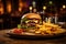 Fresh tasty beef burger with french fries, cafe on background