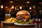 Fresh tasty beef burger with french fries, restaurant on background