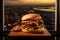 Fresh tasty beef burger with french fries, town on background