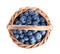 Fresh tasty blueberries in wicker basket isolated, top view