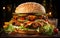 Fresh tasty burger with buns sesame, tomato, lettuce, cheese, onion, pickles, sauce, big double cheddar cheeseburger with chicken