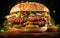 Fresh tasty burger with buns sesame, tomato, lettuce, cheese, onion, pickles, sauce, big double cheddar cheeseburger with chicken