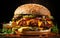 Fresh tasty burger with buns sesame, tomato, lettuce, cheese, onion, pickles, sauce, big double cheddar cheeseburger with chicken