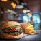 Fresh tasty burger and french fries on wooden table.