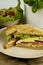 Fresh tasty club sandwich with cheese and ham on table