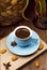 Fresh tasty espresso. blue cup of hot coffee