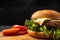 Fresh tasty homemade hamburger with fresh vegetables, lettuce, tomato, cheese beside sliced tomatoes on a cutting board. Free spac