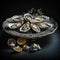 Fresh tasty oysters on silver platter with lemon, appetizing seafood isolated on black