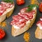 Fresh tasty salami sandwiches. Appetizing sandwiches with smoked