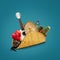 Fresh and tasty taco filled with Sombrero, Ukulele, Maracas, cactus, drink on blue background.