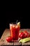 Fresh Tasty Tomato Celery Juice in Glass Fresh Tomatoes and Green Celery on Old Wooden Background Healthy Detox Drink Dark Photo