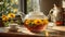 Fresh tea in a glass teapot, chamomile flower healthy alternative herbal beverage hot