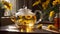 Fresh tea in a glass teapot, natural aroma medical organic healthy alternative herbal beverage hot