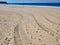 Fresh Tire Tracks and Footprints on Yellow Sand Beach