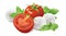 Fresh tomato, basil leaves, mozzarella cheese balls isolated on white background