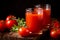 Fresh tomato juice in glass on dark wooden table. Healthy vegetable diet. Detox concept, vitamin drink. Front view. Image is AI