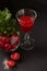 The Fresh tomato juice with the young herbs. The tasty vitamin drink on a the dark background