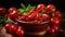 Fresh tomato sauce and ripe cherry tomatoes in a rustic bowl on wooden table, close up shot