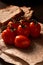 Fresh tomatoes on a branch on wrapping paper, pieces of bread nearby. Dark background, selective focus. Close-up