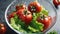 Fresh tomatoes with lettuce in transparent bowl.