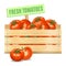 Fresh tomatoes in a wooden box on a white background. Vector