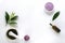 Fresh tree leaves, mortar and pestel, lavender bath salt on white background, top view, copy space