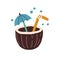 Fresh tropical cocktail in coconut half. Refreshing beach drink decorated with umbrella and straw. Colored flat vector