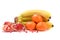 Fresh tropical fruits bananas, tangerines, pomegranates on a white isolated background.