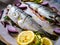 Fresh trouts and vegetables on cooking pan prepared to roast