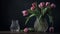 Fresh tulips in rustic vase add elegance generated by AI